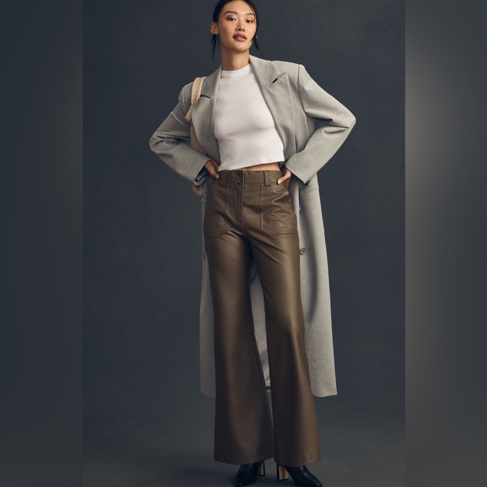 Anthropologie Maeve The Naomi Vegan Leather Wide-Leg Flare Pants Grey Size 8